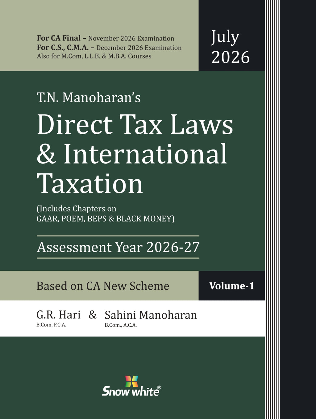 Direct Tax Laws and International Taxation by T.N. Manoharan for CA Final November 2026 Exams in 2 Volumes - A.Y - 2026-27