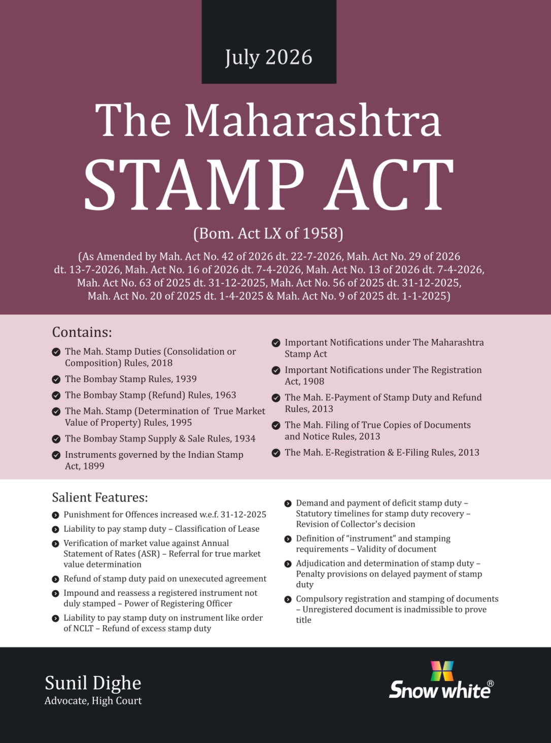 Snowwhite's The Maharashtra Stamp Act with Maharashtra Rules with Short Notes and Case law - July 2026 Edition