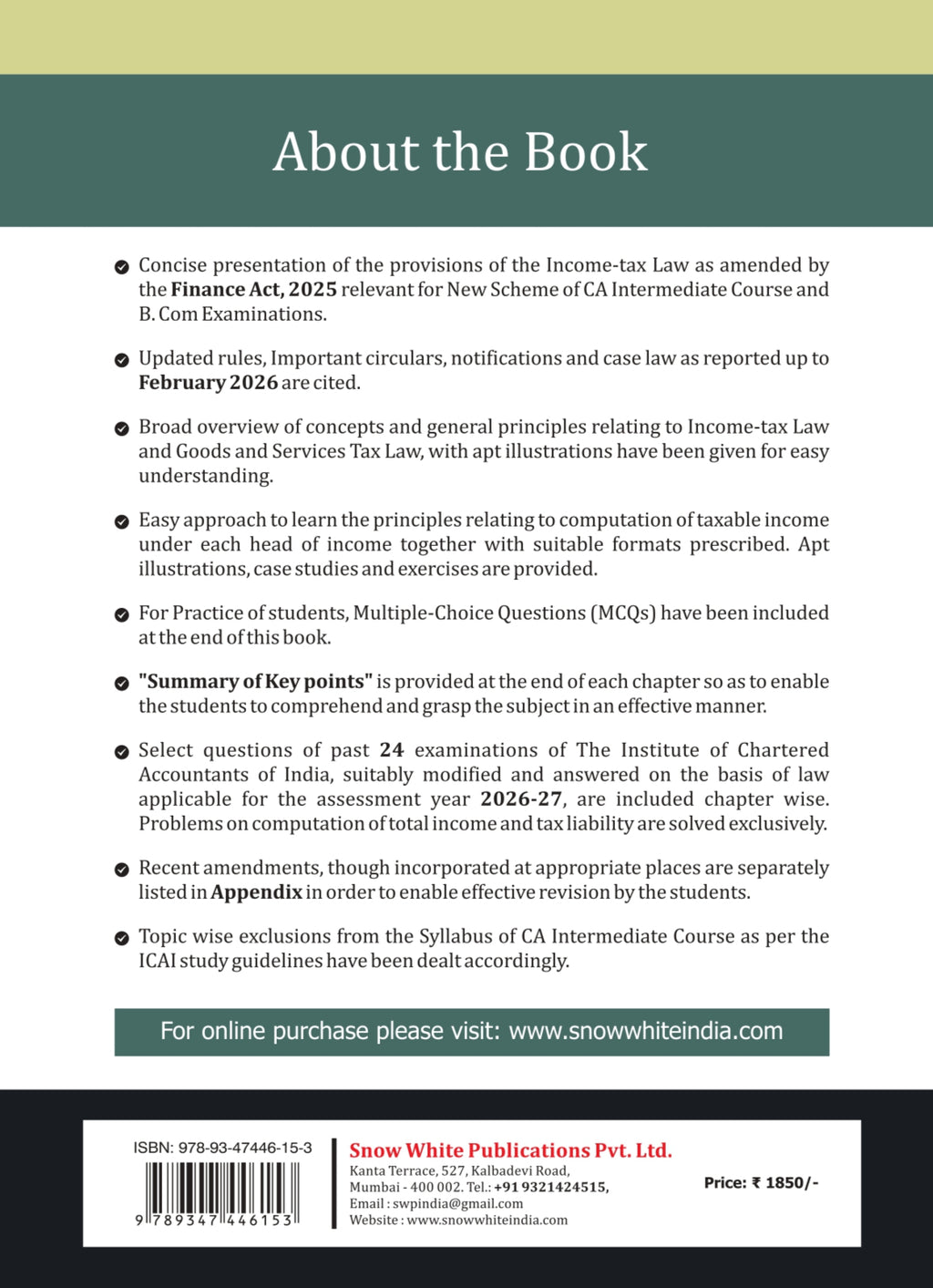 Students' Handbook on Taxation (Includes Income Tax and GST) - A.Y 2026-27 - As per New Syllabus- Applicable for  May 2026 / September 2026/ January 2027 CA Intermediate Courses & Onwards