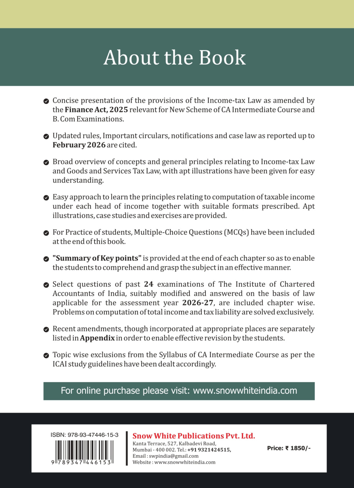 Students' Handbook on Taxation (Includes Income Tax and GST) - A.Y 2026-27 - As per New Syllabus- Applicable for  May 2026 / September 2026/ January 2027 CA Intermediate Courses & Onwards